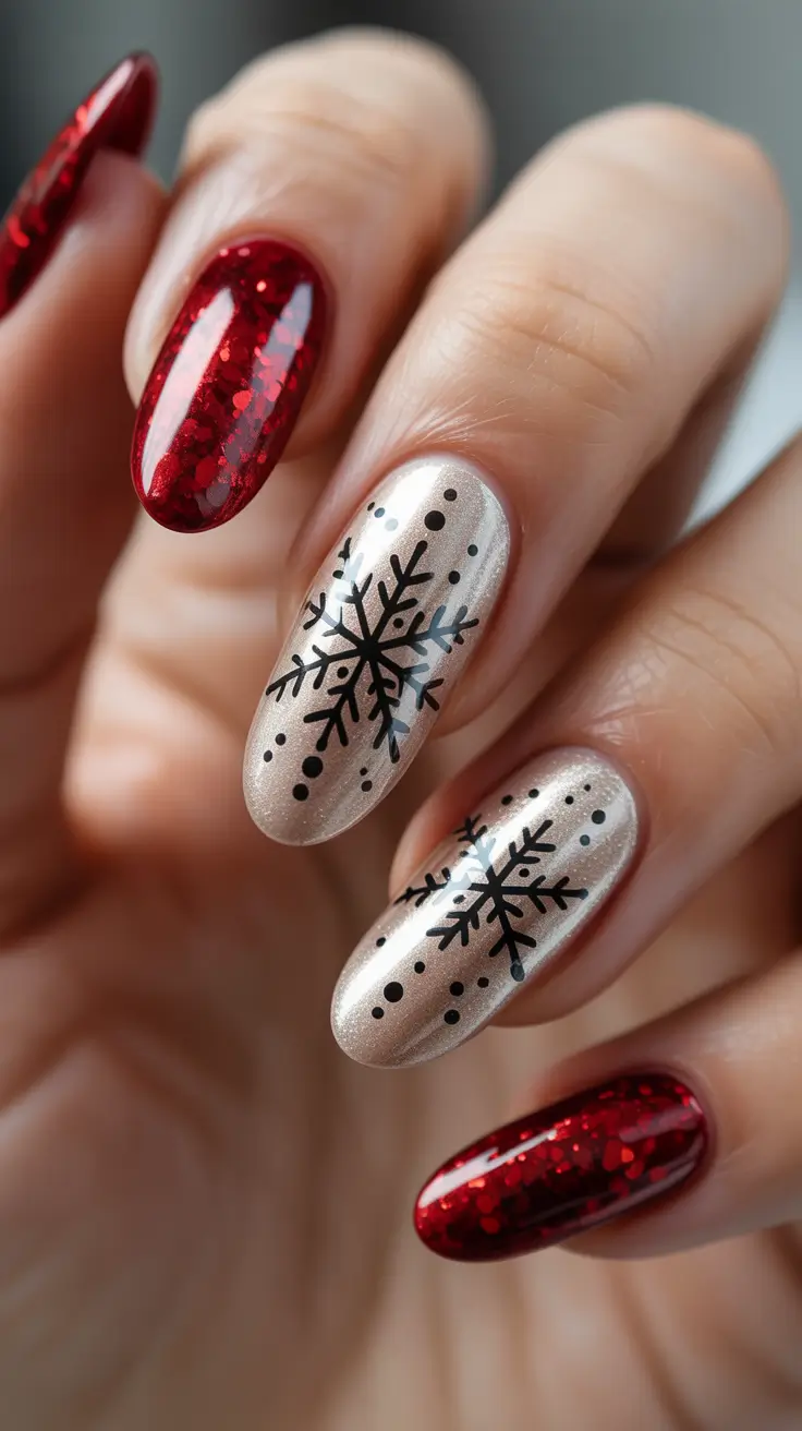 christmas nail designs - Champagne Sheen With Black Snowflakes and Ruby Glitter