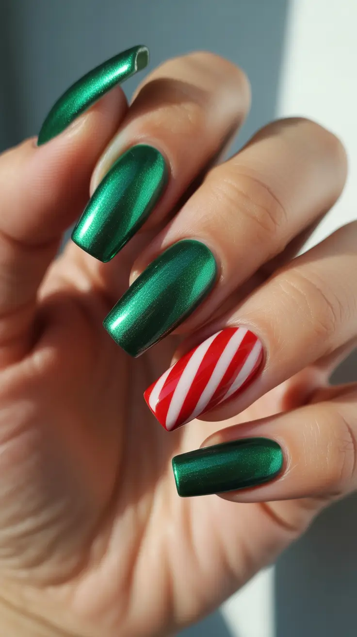christmas nail designs - Jewel-Toned Emerald With Peppermint Accent