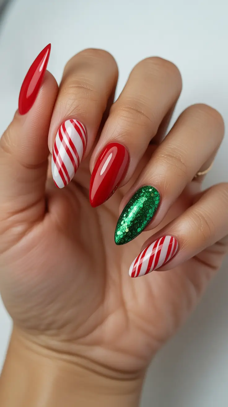 christmas nail designs - Peppermint Mix With Emerald Glitter Accent
