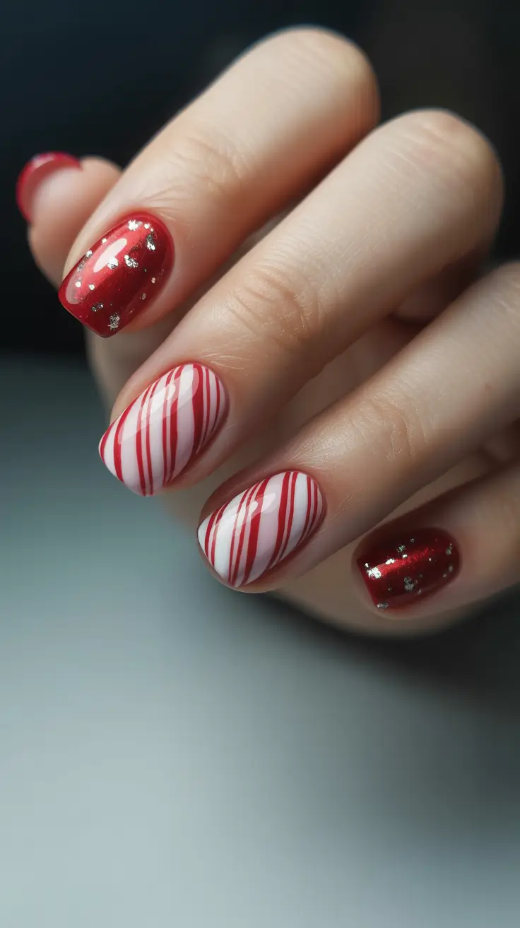 Elegant Christmas Nail Designs 2025 - Candy-Cane Stripes with Ruby Sparkle