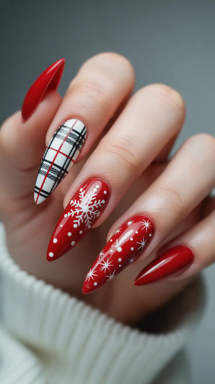 Elegant Christmas Nail Designs 2025 - Tartan & Snowflakes on Classic Red