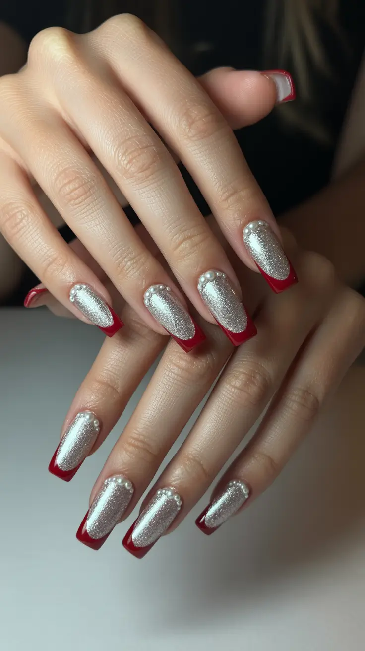 Elegant Christmas Nail Designs 2025 - Pearled Silver Chrome French with Red Framing