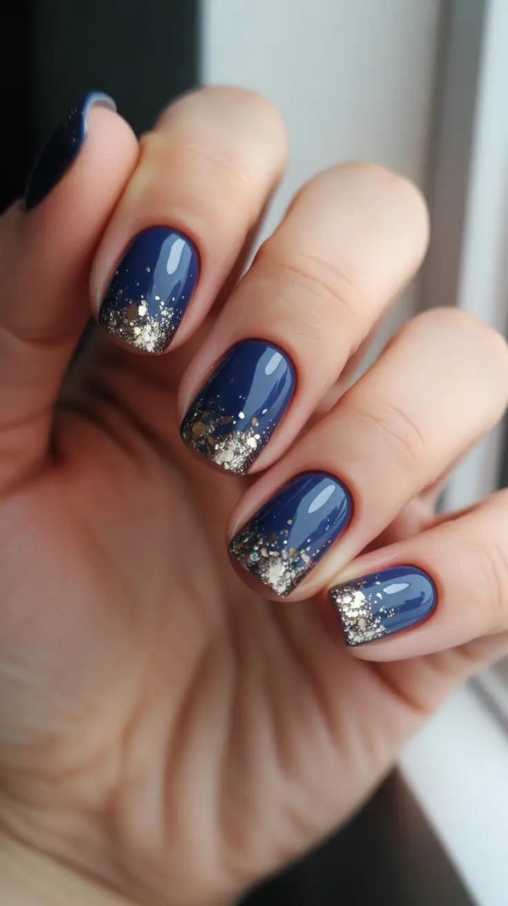 Elegant Christmas Nail Designs 2025 - Midnight Blue With Gilded Snowfall