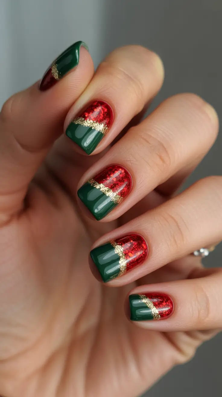 christmas nail designs - Diagonal Gift-Wrap Stripes in Emerald and Ruby