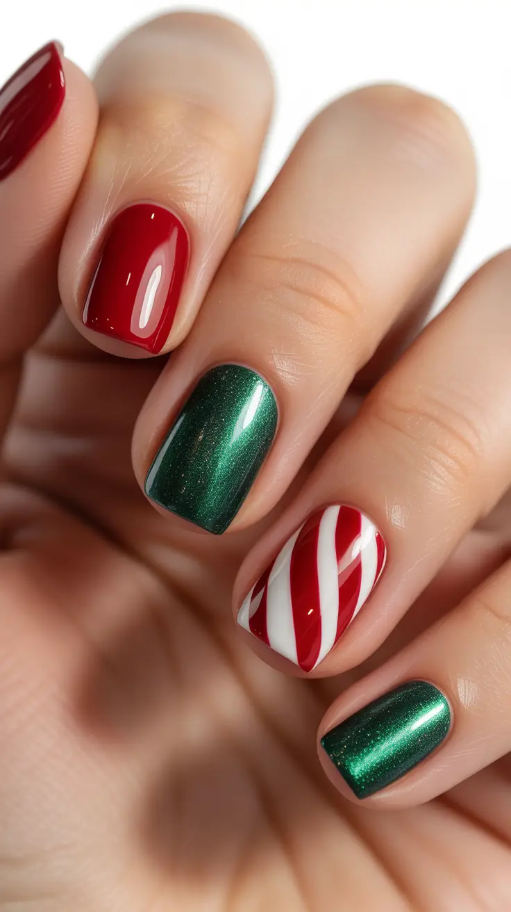 Elegant Christmas Nail Designs 2025 - Classic Red-Green Mix with Candy Accent