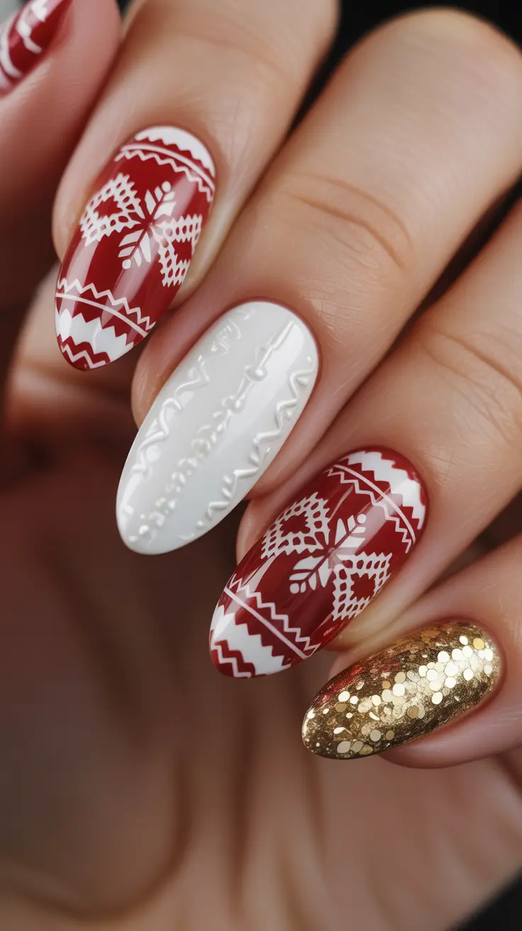 Elegant Christmas Nail Designs 2025 - Nordic Sweater With Gold Party Nail