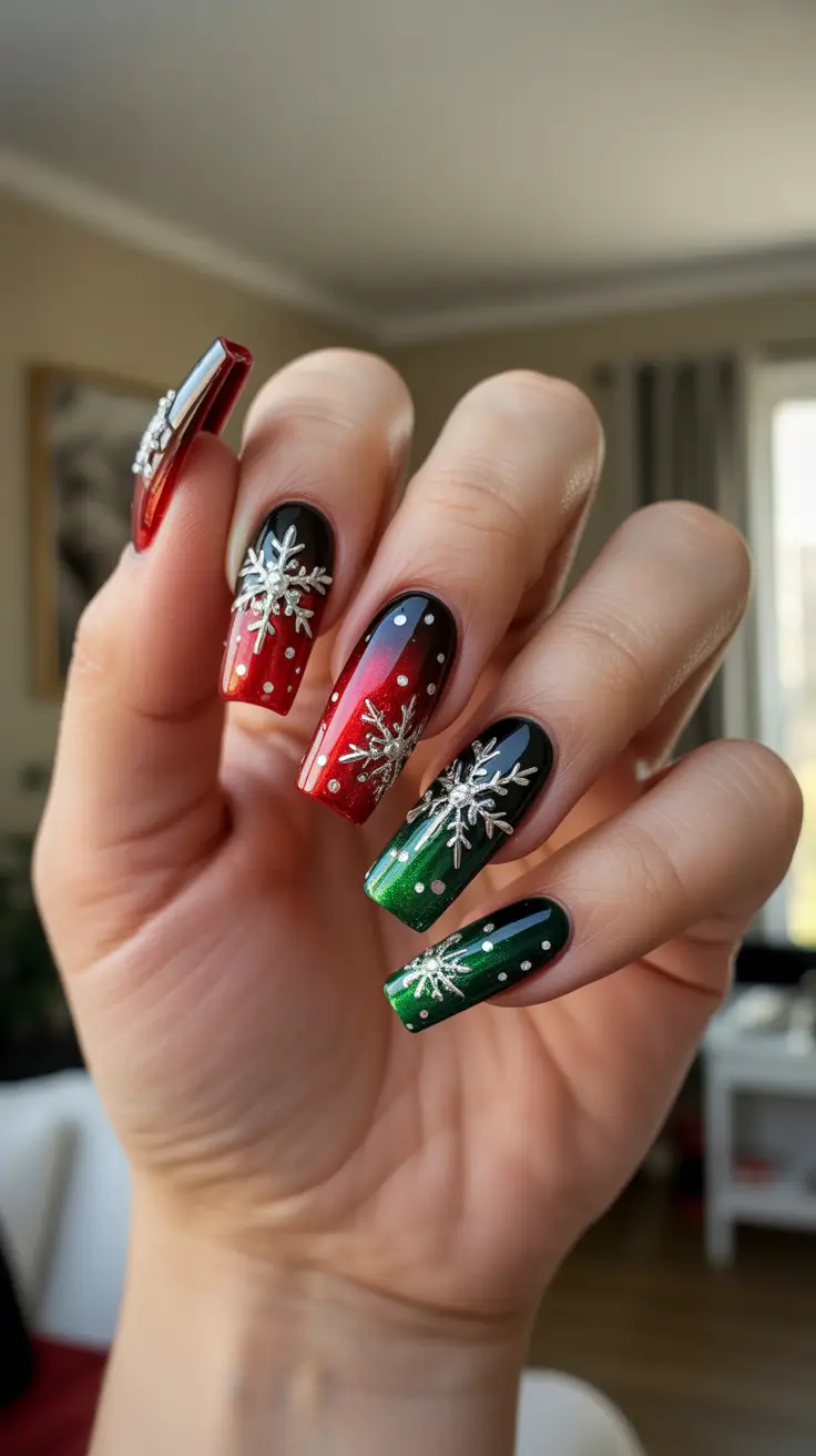 christmas nail designs - Midnight Ombre With Snowflake Studs