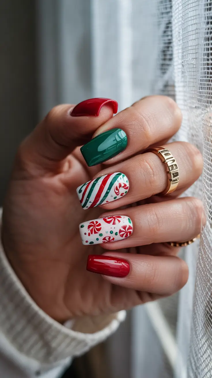 Elegant Christmas Nail Designs 2025 - Peppermint Ribbons with Red and Pine Solids