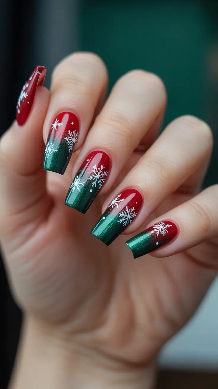Elegant Christmas Nail Designs 2025 - Cranberry to Evergreen Ombre with Snowflakes