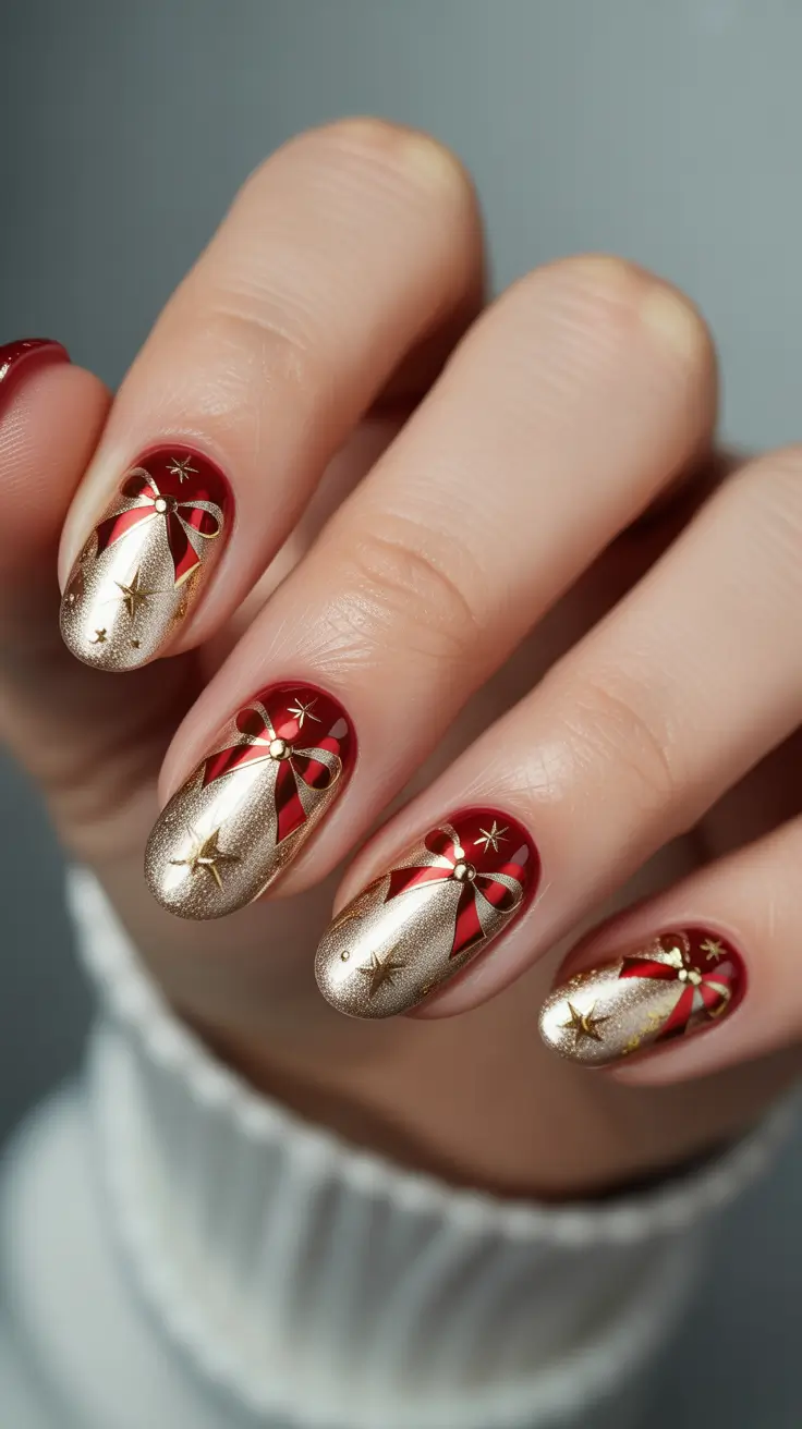 Elegant Christmas Nail Designs 2025 - Gilded Gift Bows with Starbursts