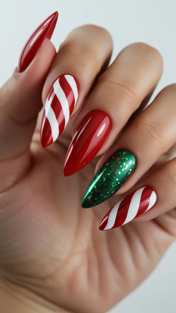 Fresh Christmas Nails 2025 - Candy-Cane Stripes With Emerald Sparkle