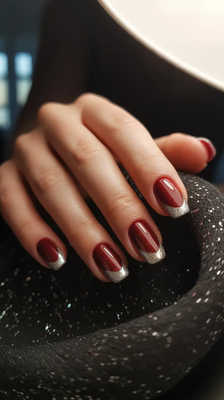 Fresh Christmas Nails 2025 - Burgundy Micro-French with Platinum Tips