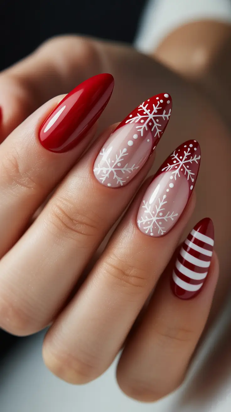 Fresh Christmas Nails 2025 - Snowflake French on Scarlet Almond