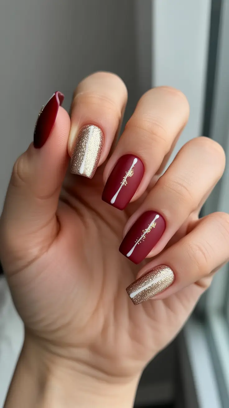 Fresh Christmas Nails 2025 - Matte Merlot With Champagne Lines