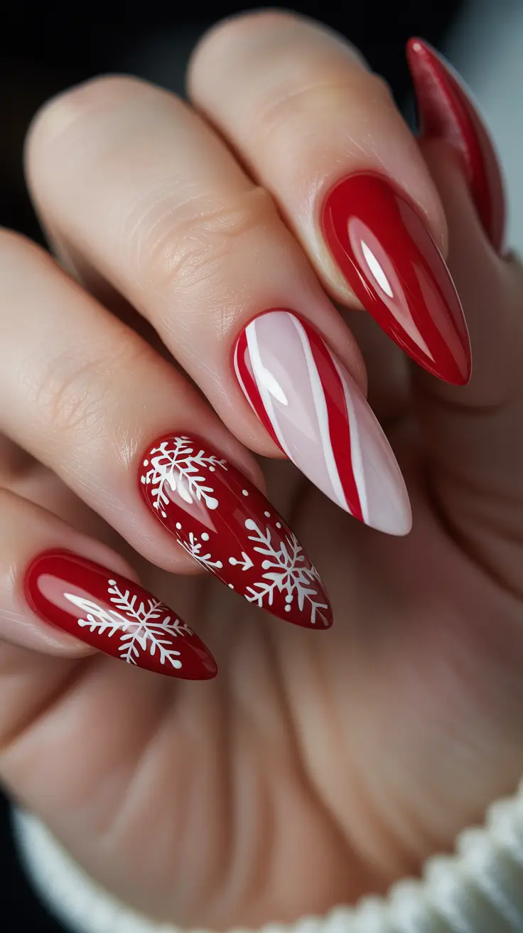 Fresh Christmas Nails 2025 - Candy-Stripe Skater With Snowflake Detailing