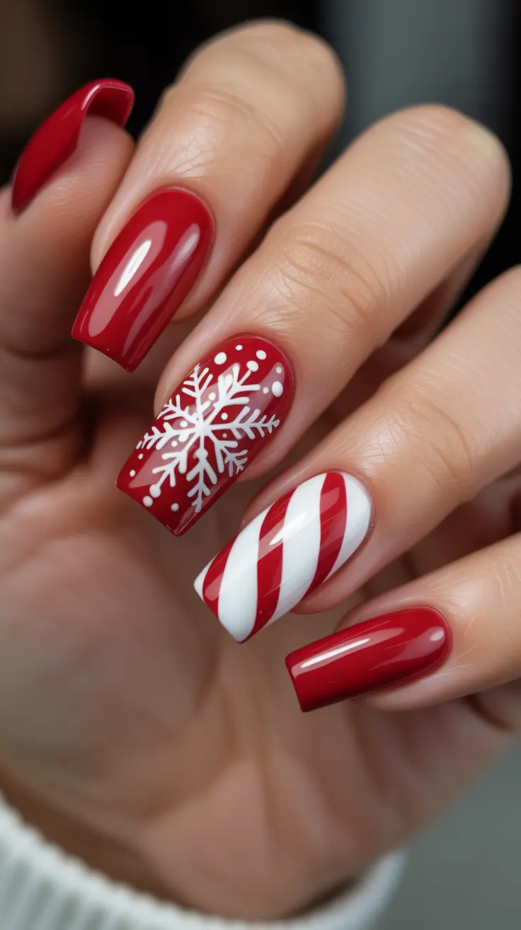 Fresh Christmas Nails 2025 - Classic Red Squares With Peppermint Pop