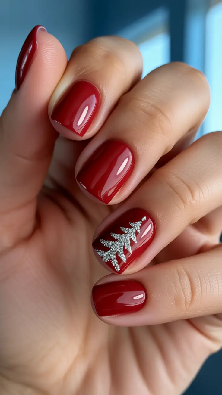 Fresh Christmas Nails 2025 - Minimal Red Short With Silver Tree Accent