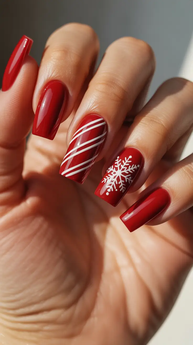Fresh Christmas Nails 2025 - Crimson Candy Cane with Snowflake Detail