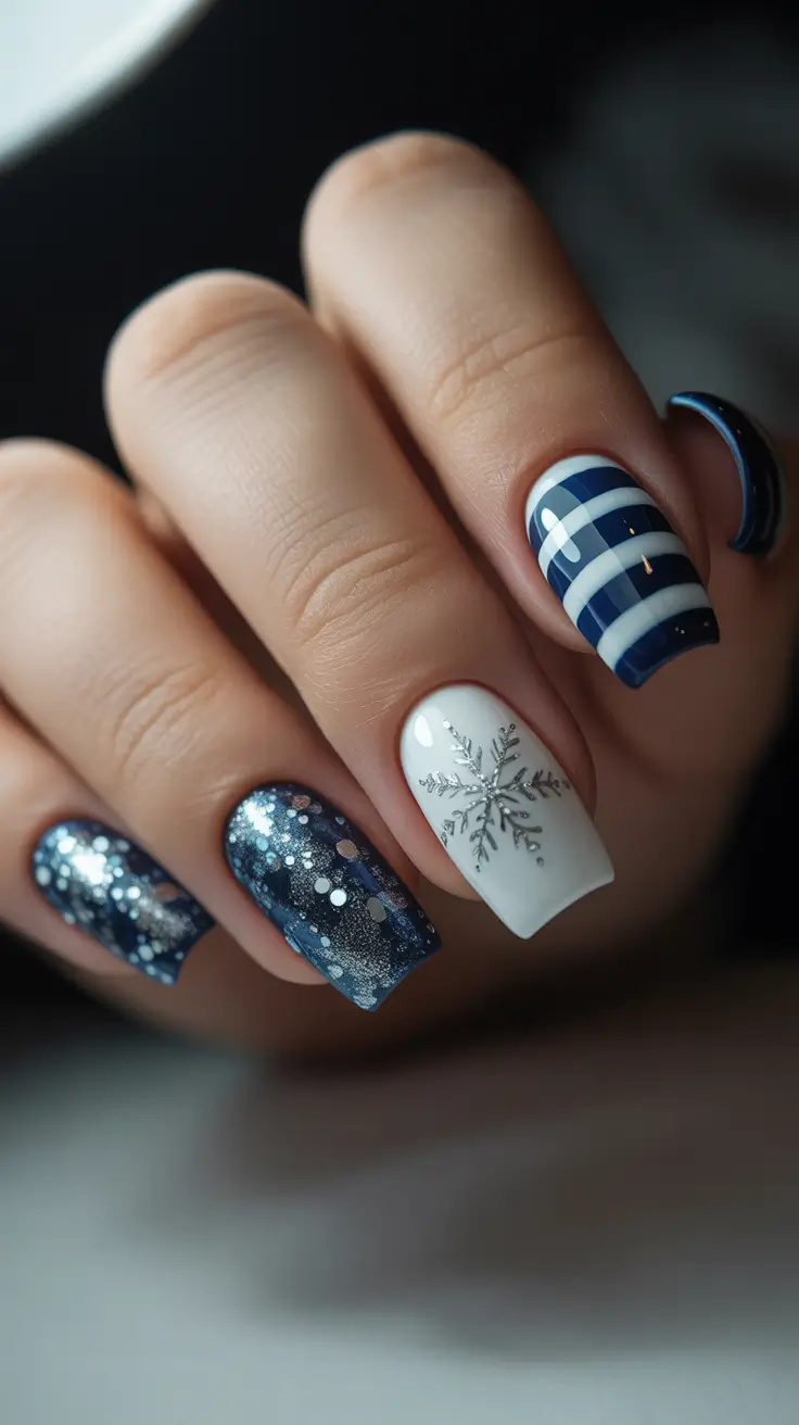 Fresh Christmas Nails 2025 - Navy Constellations with Silver Flurries
