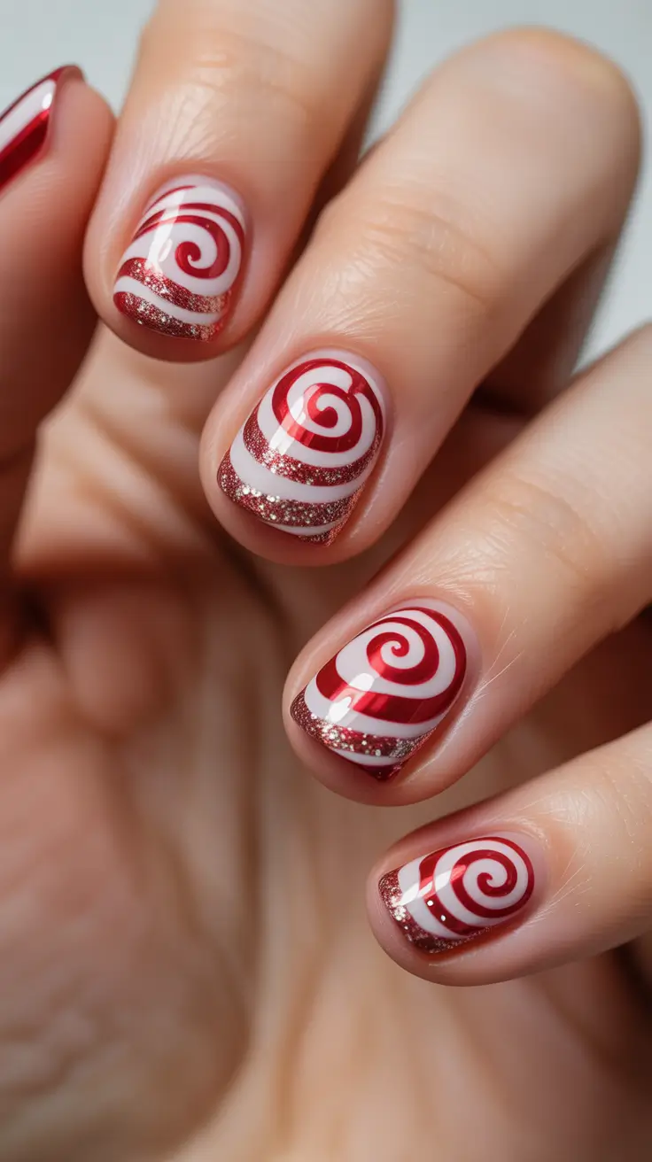 Fresh Christmas Nails 2025 - Retro Peppermint Swirls On Shorties