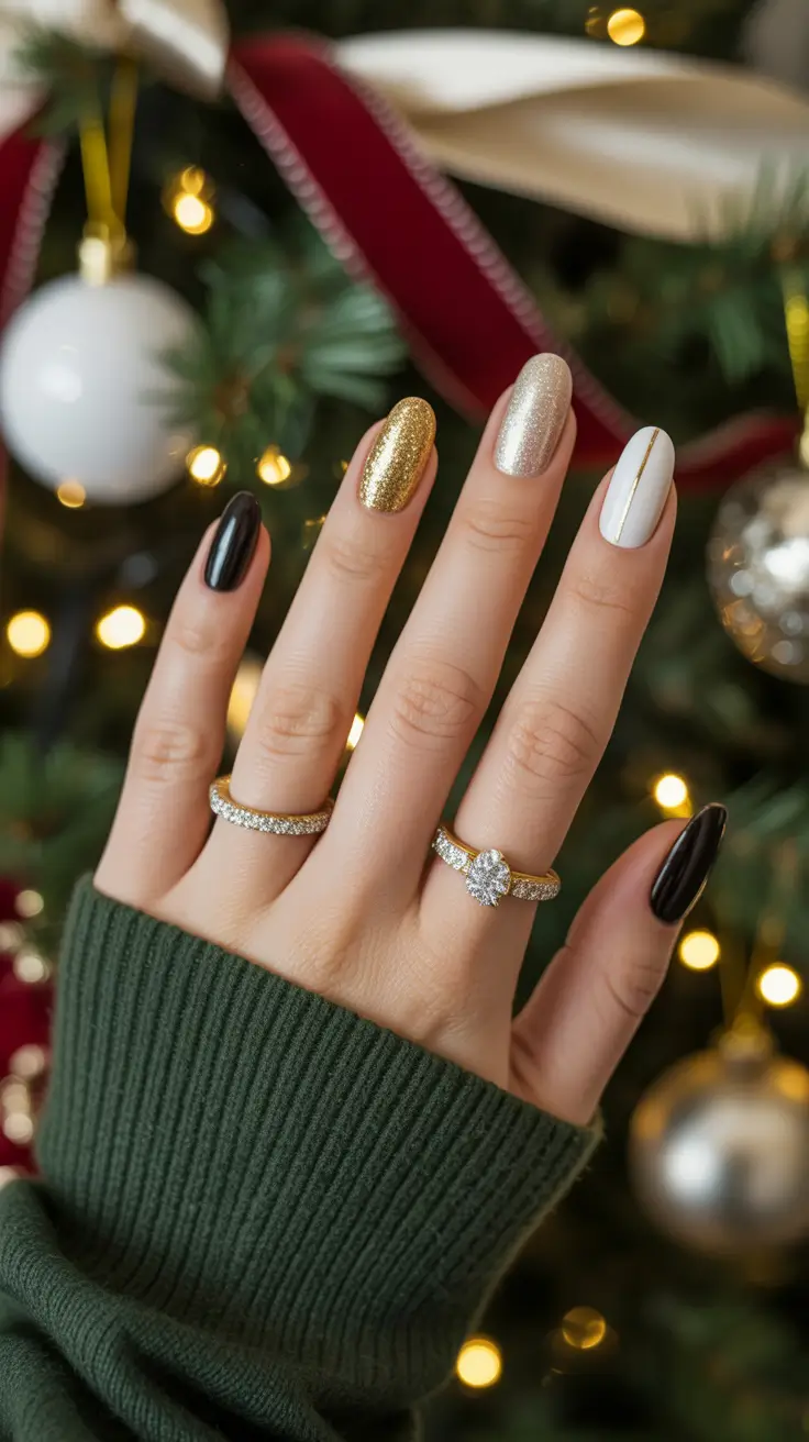 Fresh Christmas Nails 2025 - Black-Tie Mix: Onyx, Champagne, and Porcelain