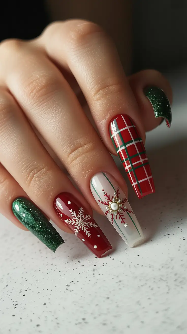 Fresh Christmas Nails 2025 - Emerald Plaid with Jeweled Snowflake