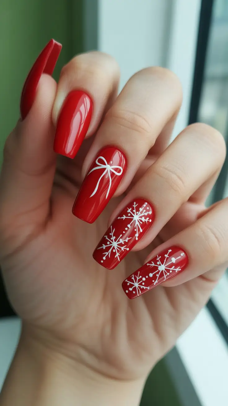 Fresh Christmas Nails 2025 - Gift-Bow Red with Falling Snow