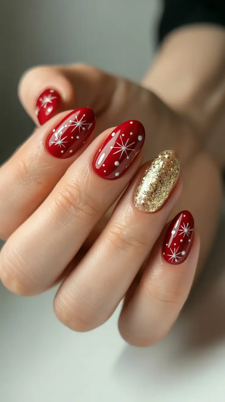 Fresh Christmas Nails 2025 - Starburst Red With Gold Accent