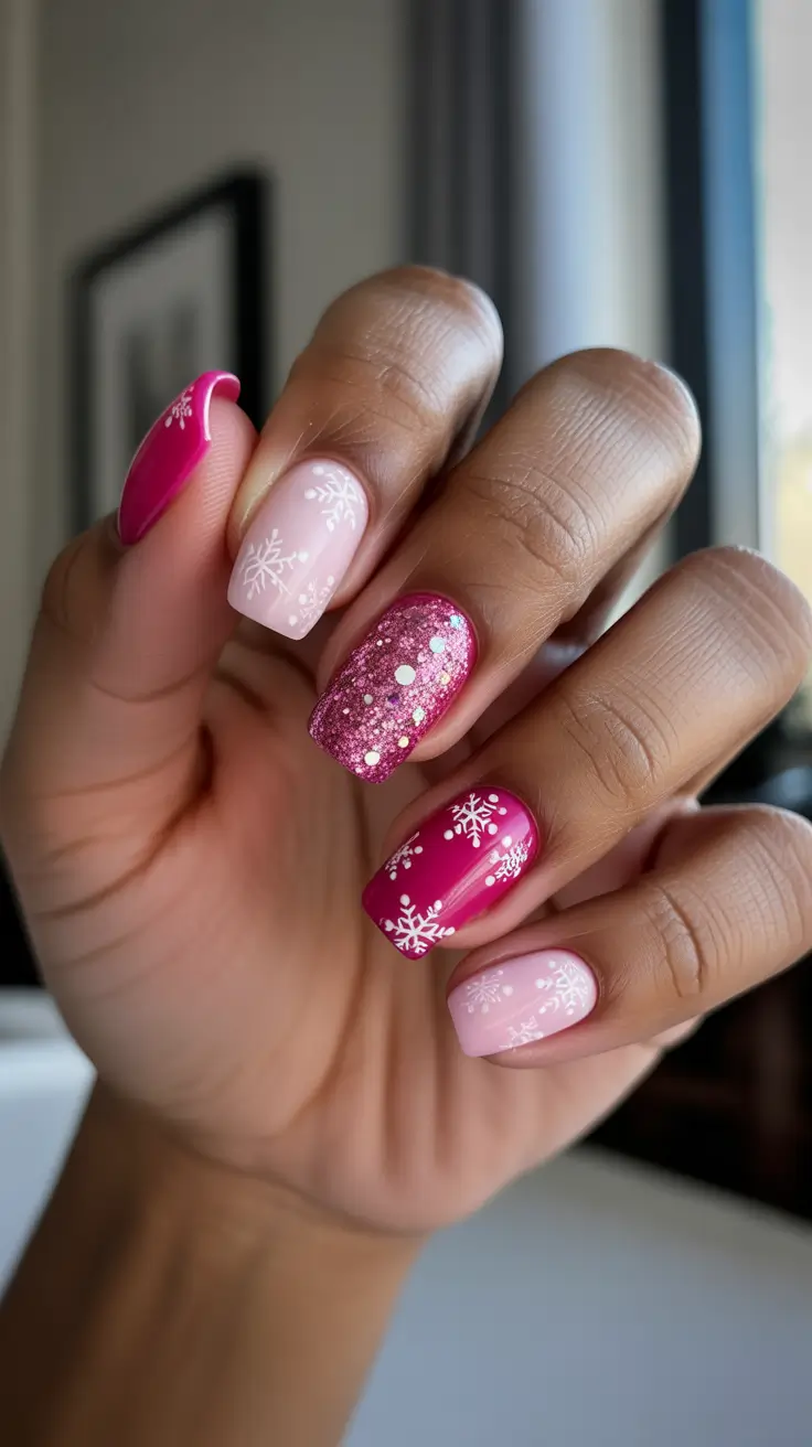 Fresh Christmas Nails 2025 - Frosted Pink Snowfall