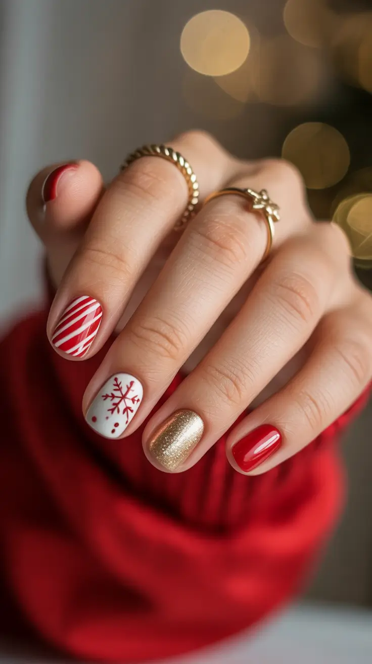 Fresh Christmas Nails 2025 - Cherry Candy Stripes with Golden Glow