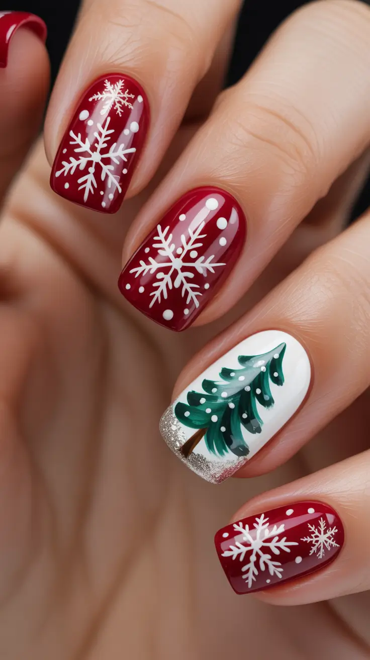 Fresh Christmas Nails 2025 - Snowy Fairytale on Cranberry and Pine