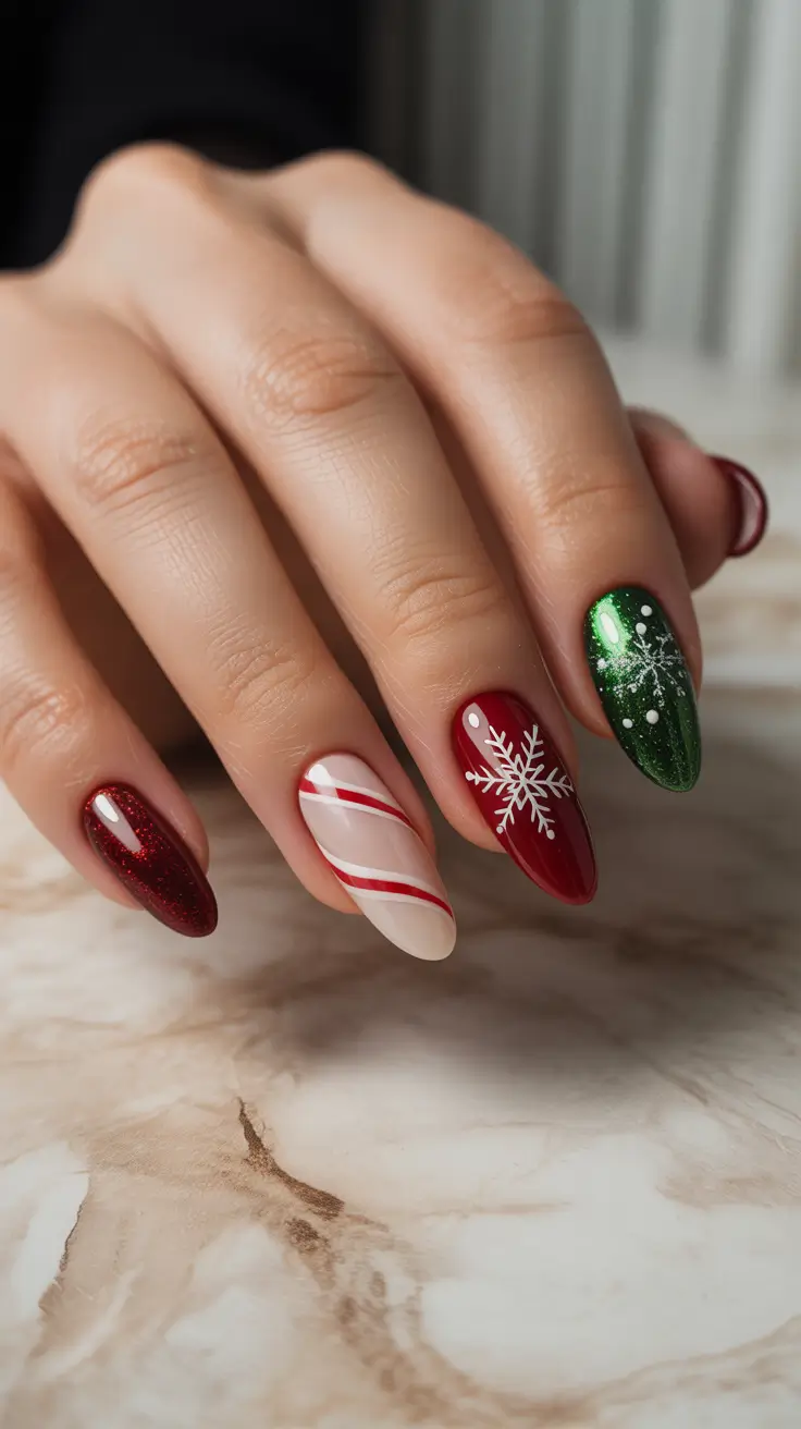 Fresh Christmas Nails 2025 - Peppermint Almonds with Northern-Lights Sparkle