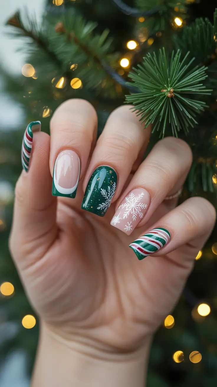 Trendy Acrylic Christmas Nails 2025 - Evergreen French With Candy-Cane Accents