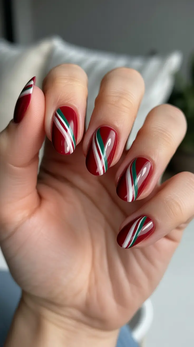 Trendy Acrylic Christmas Nails 2025 - Candy-Ribbon Swirls On Rounded Shorties