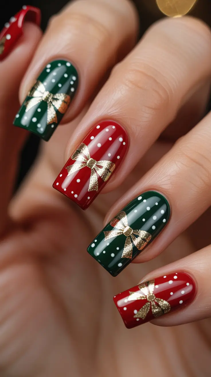 Trendy Acrylic Christmas Nails 2025 - Gift-Box Bows In Classic Red And Green