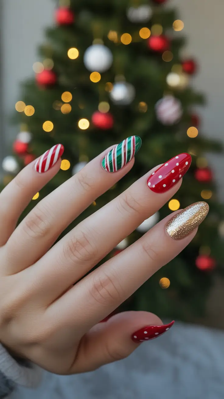 Trendy Acrylic Christmas Nails 2025 - Candy Shop Mix With Gold Accent