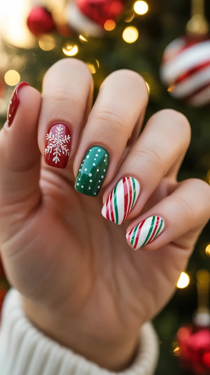 Trendy Acrylic Christmas Nails 2025 - Snowflake And Peppermint Skittle Set