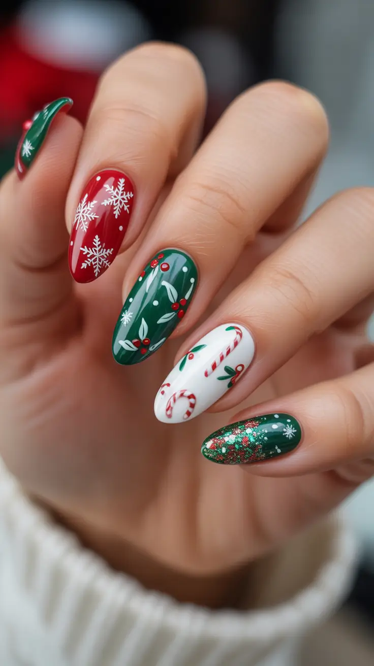 Trendy Acrylic Christmas Nails 2025 - Storybook Holly, Snow, And Candy Canes