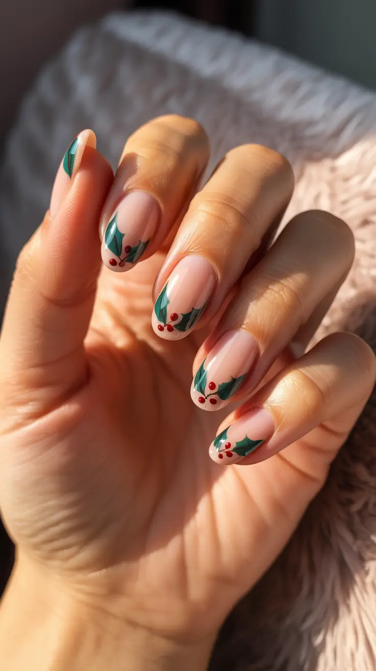 Trendy Acrylic Christmas Nails 2025 - Holly Micro-French On Sheer Nude