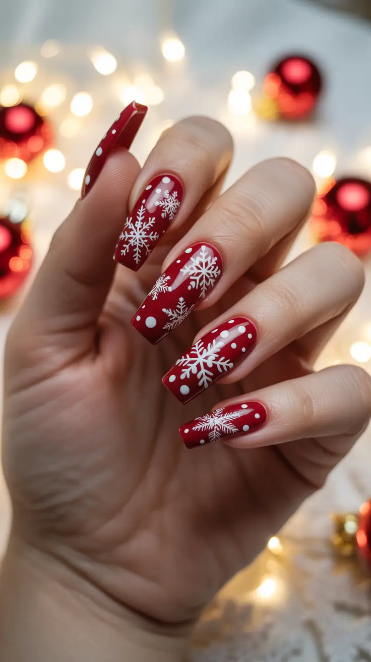 Trendy Acrylic Christmas Nails 2025 - Crimson Snowstorm On Sleek Coffins