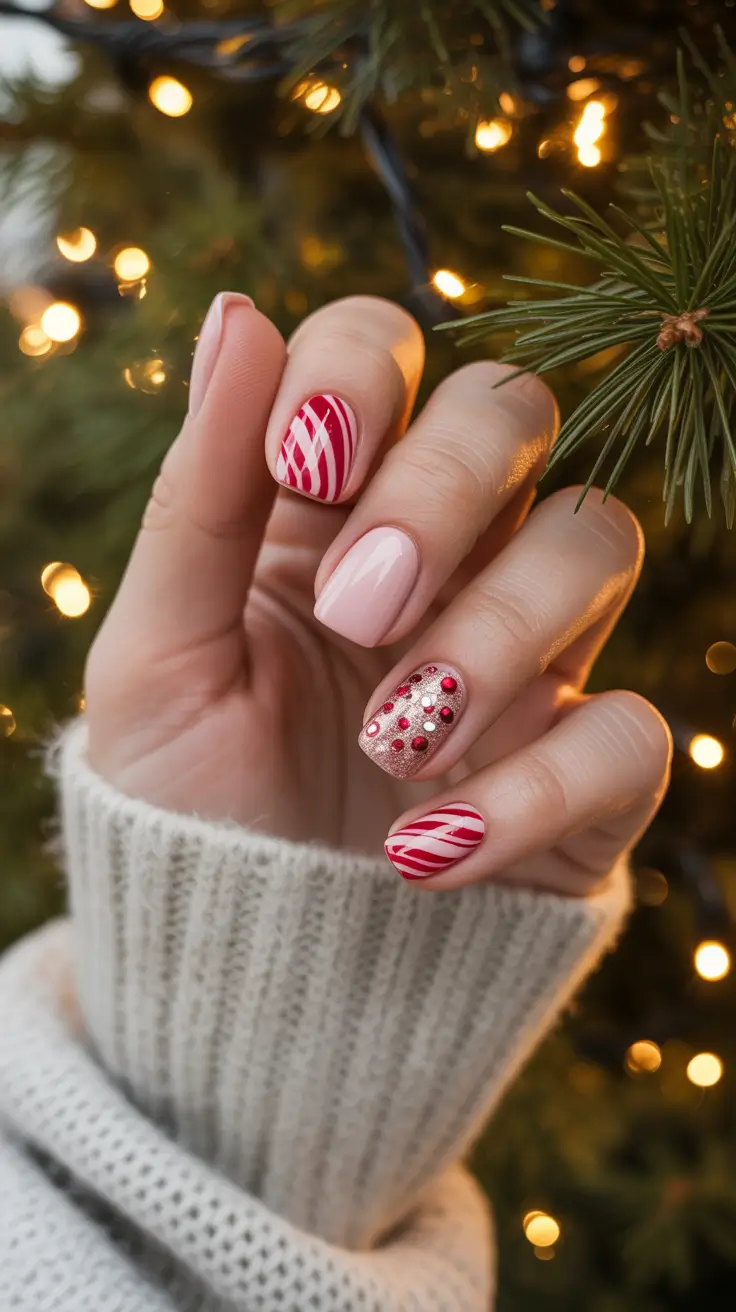 Trendy Acrylic Christmas Nails 2025 - Soft Candy-Cane Mix With Glitter Pebbles