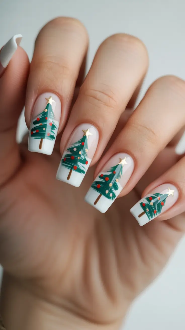Trendy Acrylic Christmas Nails 2025 - Tree-Line French On Bright White Squares