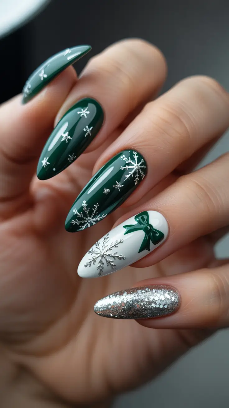 Trendy Acrylic Christmas Nails 2025 - Emerald Snowflakes With Gift-Bow Accent