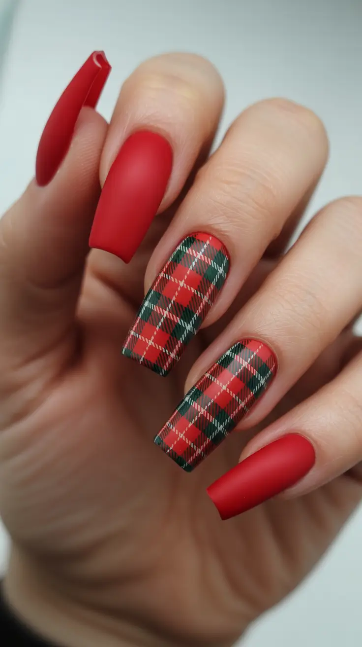 Trendy Acrylic Christmas Nails 2025 - Matte Tartan In Red And Forest