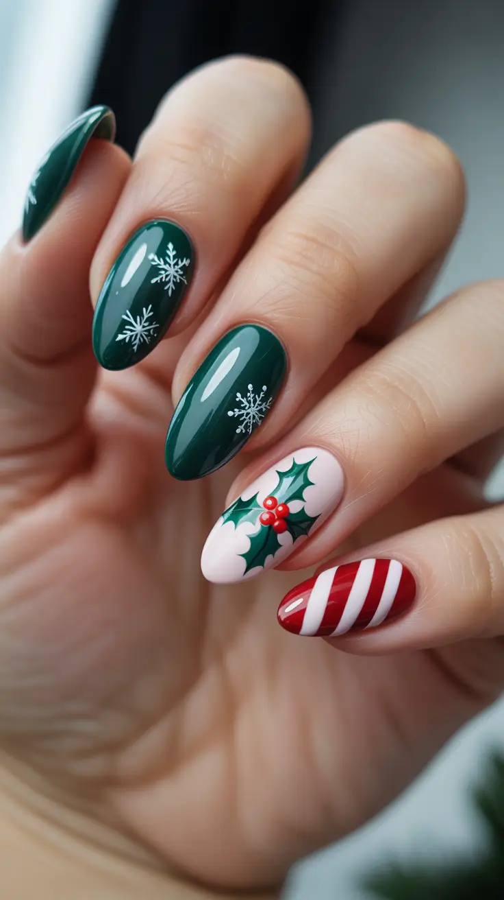 Trendy Acrylic Christmas Nails 2025 - Nordic Green With Holly Pop And Candy Stripe