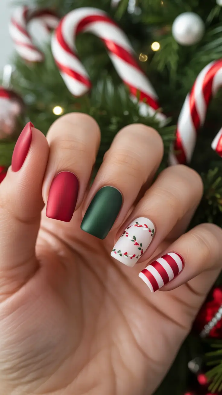 Trendy Acrylic Christmas Nails 2025 - Matte Holiday Quartet With Garland Detail