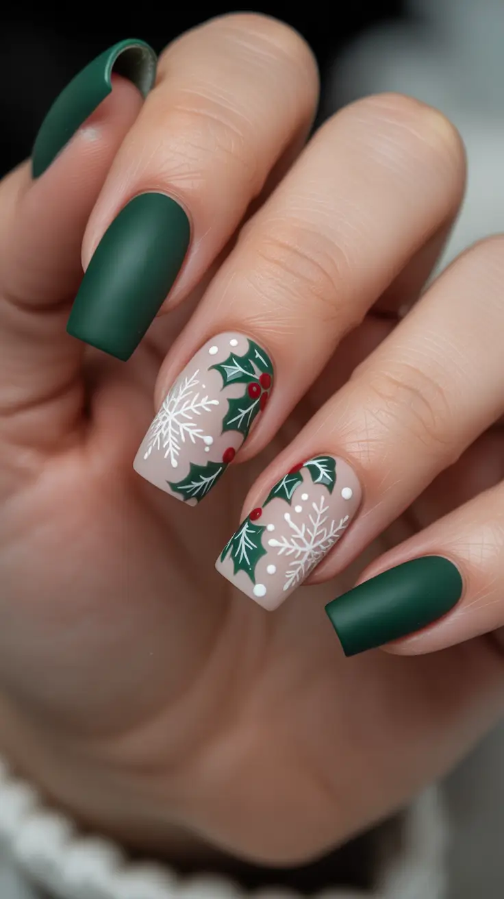 Trendy Acrylic Christmas Nails 2025 - Holly Sprigs And Snowflake Neutrals