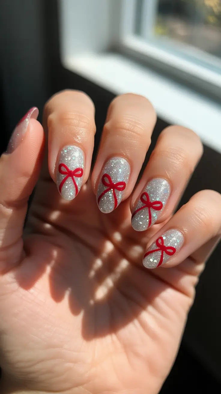 Trendy Acrylic Christmas Nails 2025 - Glitter Gift Wrap With Minimal Red Bows