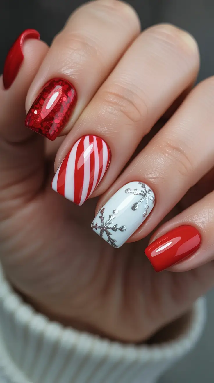 Trendy Acrylic Christmas Nails 2025 - Classic Candy Stripe And Snowflake Mix