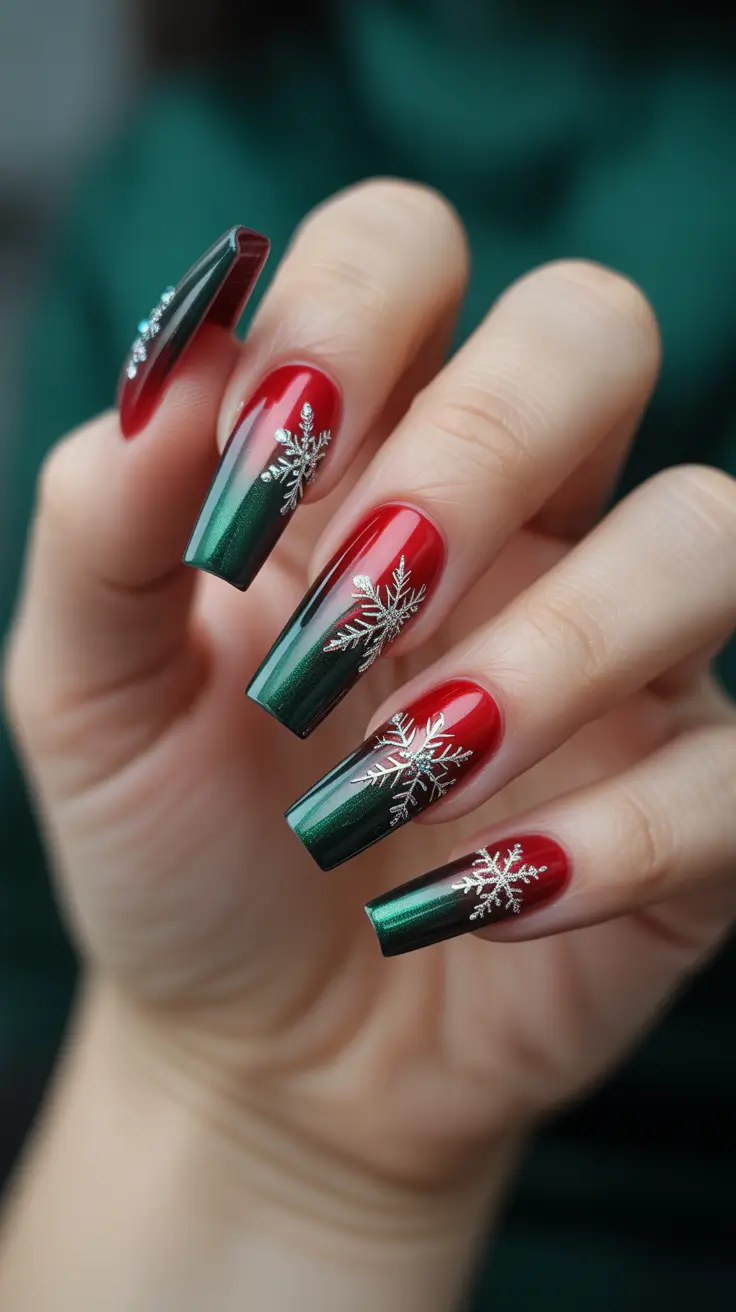 Trendy Acrylic Christmas Nails 2025 - Glistening Evergreen Ombre With Silver Snowflakes